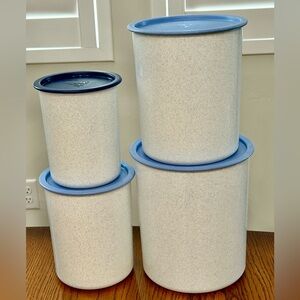 4 PIECE TUPPERWARE ONE TOUCH BLUE SPECKLED NESTING CANISTER SET & 4 BLUE SEALS